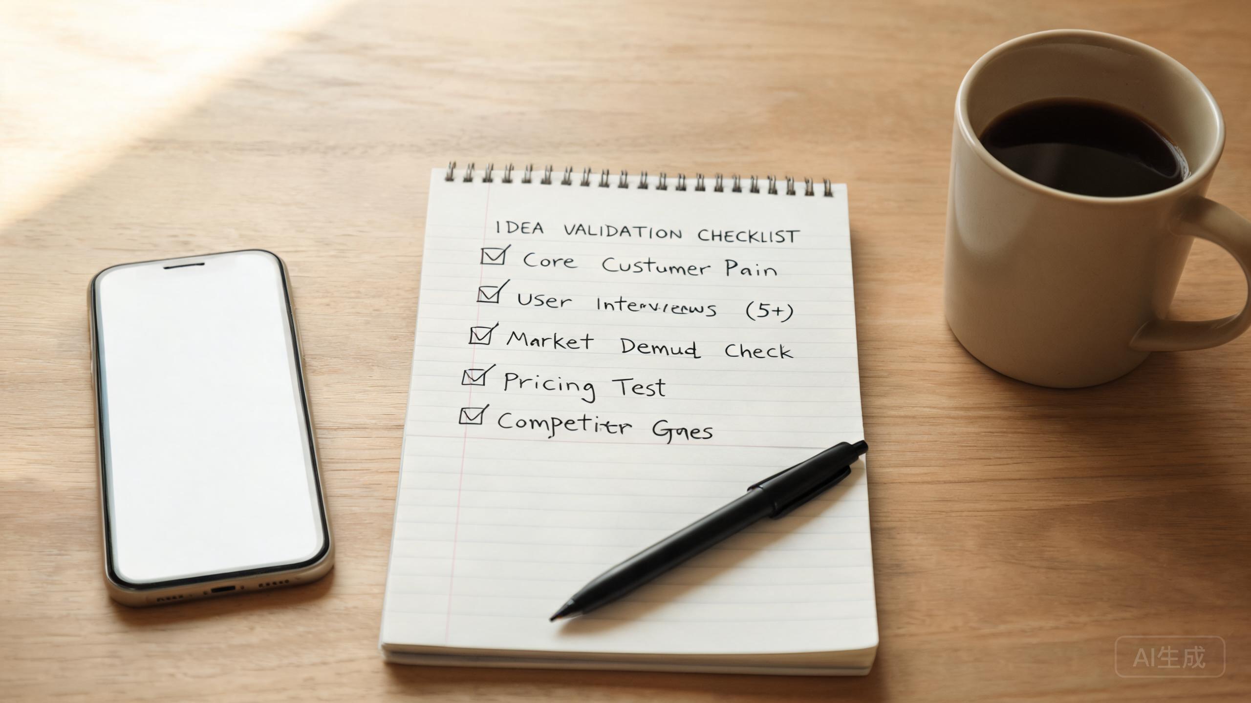 A founder's notebook on a wooden desk with a handwritten idea-validation checklist, a pen and a coffee mug