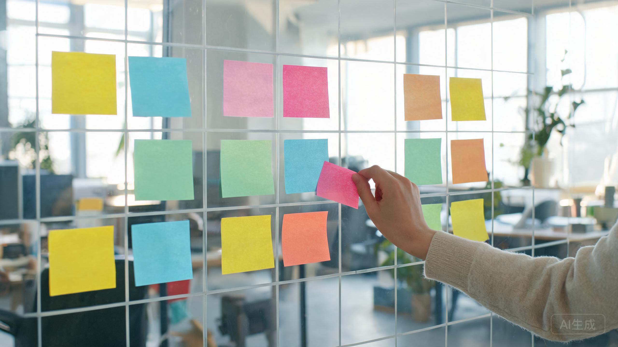 A hand placing a sticky note on a glass wall covered with a grid of colourful sticky notes